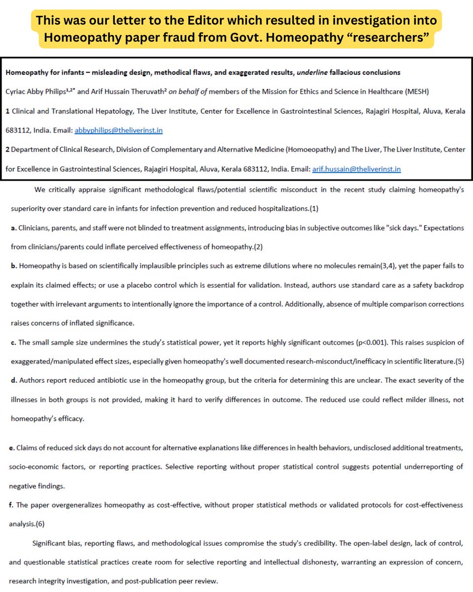 theliverdoc's tweet image. Dear friends, I have something important to tell you. 

In December 2024, 'researchers' from multiple Indian Government Homeopathy institutions along with 'researchers' from Israeli Homeopathy institutes, published a randomized controlled trial that concluded that use of…