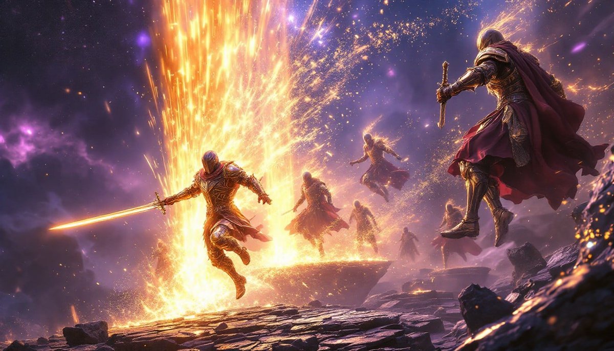 stockcake_com's tweet photo. #Warrior Defies #Reality: Medieval #warrior leaps through shattered #reality with glowing golden #sword in epic supernatural #battle scene #illustration #warrior #knight #battle #combat #medieval #aiart #aiphoto #stockcake ⬇️ #Download and 📝 #Prompt 👉 https://t.co/6OPBY8179q https://t.co/bYPqEq6R7v