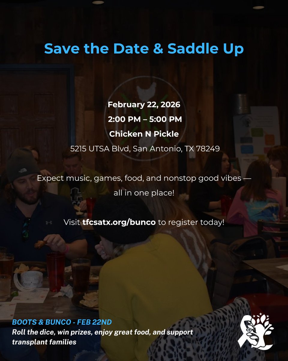 TFC_TX's tweet photo. 🎲🤠 Boots &amp; Bunco is back! A fun, family-friendly game day with food, prizes &amp; raffles — all for a great cause. Feb 22 | Chicken N Pickle. All ages welcome. Tickets going fast 👉 https://t.co/EdqoVJDmFH #sanantonio #buncoevent https://t.co/349EpTyAT1