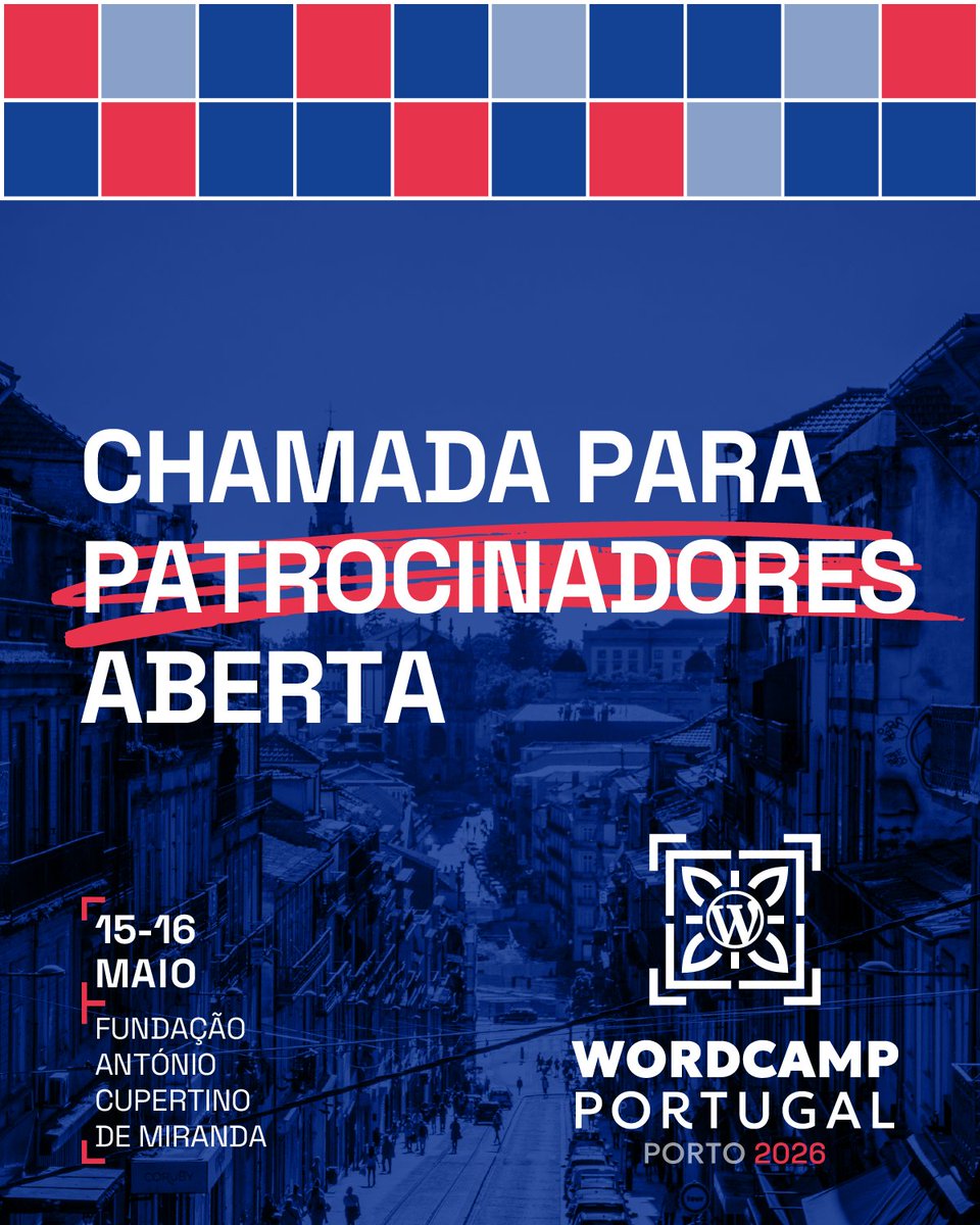 📢📢 A Chamada a Patrocinadores do WordCamp Portugal 2026 está aberta!

Apoia um evento WordPress feito pela comunidade e associa a tua marca a profissionais e criadores digitais.

Sabe mais: portugal.wordcamp.org/2026/faz-parte…

#WordCampPT
