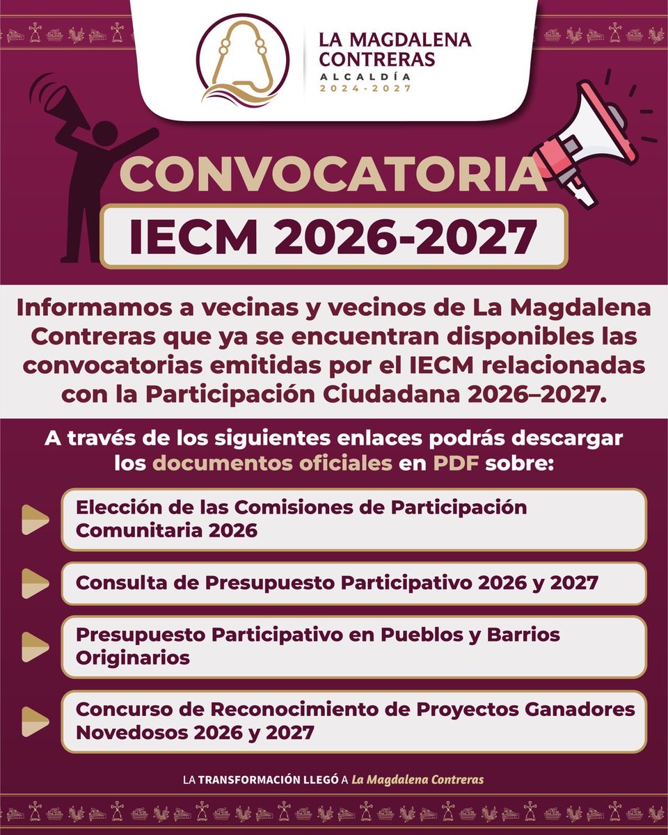 ¡Convocatoria <a href="/iecm/">IECM</a> 2026–2027!

Vecinas y vecinos, ya están disponibles las convocatorias del IECM sobre Participación Ciudadana 2026–2027.

Infórmate y participa en la elección de comisiones, presupuesto participativo y concursos de proyectos comunitarios.

📥 Descarga y