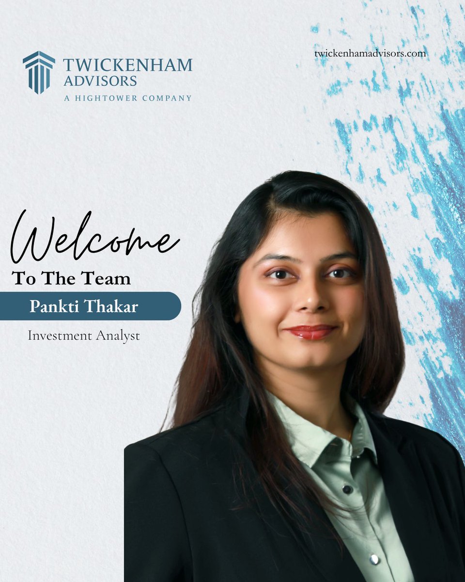 HT_Twickenham's tweet photo. Welcoming Pankti Thakar, CFA, to the Twickenham Advisors team. Recently relocated to Huntsville, Pankti and her husband are embracing their new community, and we’re thrilled to have her talent, curiosity, and collaborative spirit at Twickenham.

Welcome to the team, Pankti! https://t.co/ALPFN7h4AU