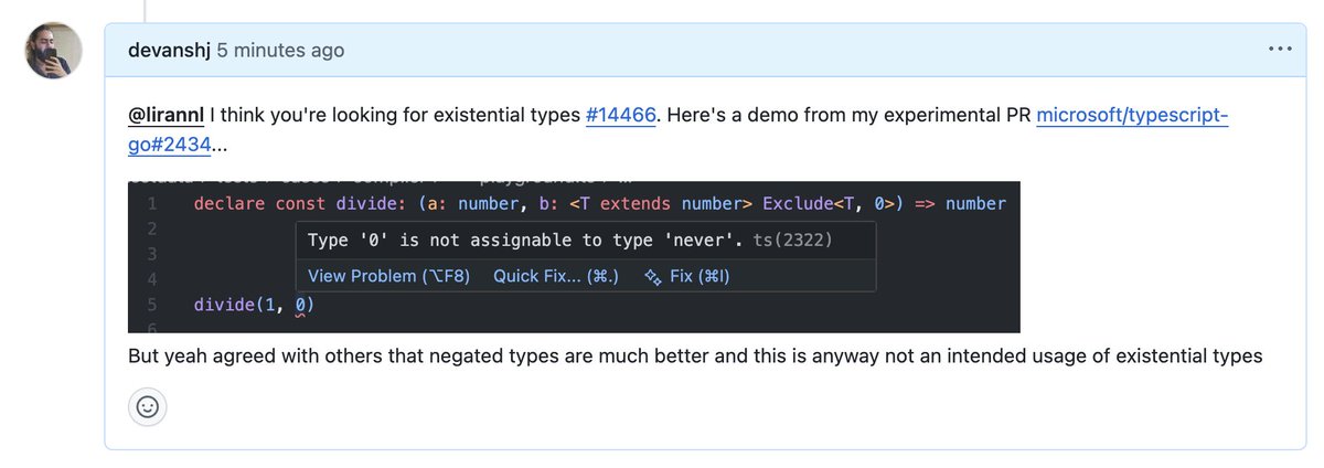 devanshj__'s tweet photo. It's so cool how TypeScript has enabled non-type-theory programmers (me included) to come up with features that are well understood in type-theory... For example this person wants "anonymous type parameters" and that's exactly what existential types are! https://t.co/KjxXvsMgjO https://t.co/qzwK4dFVnz