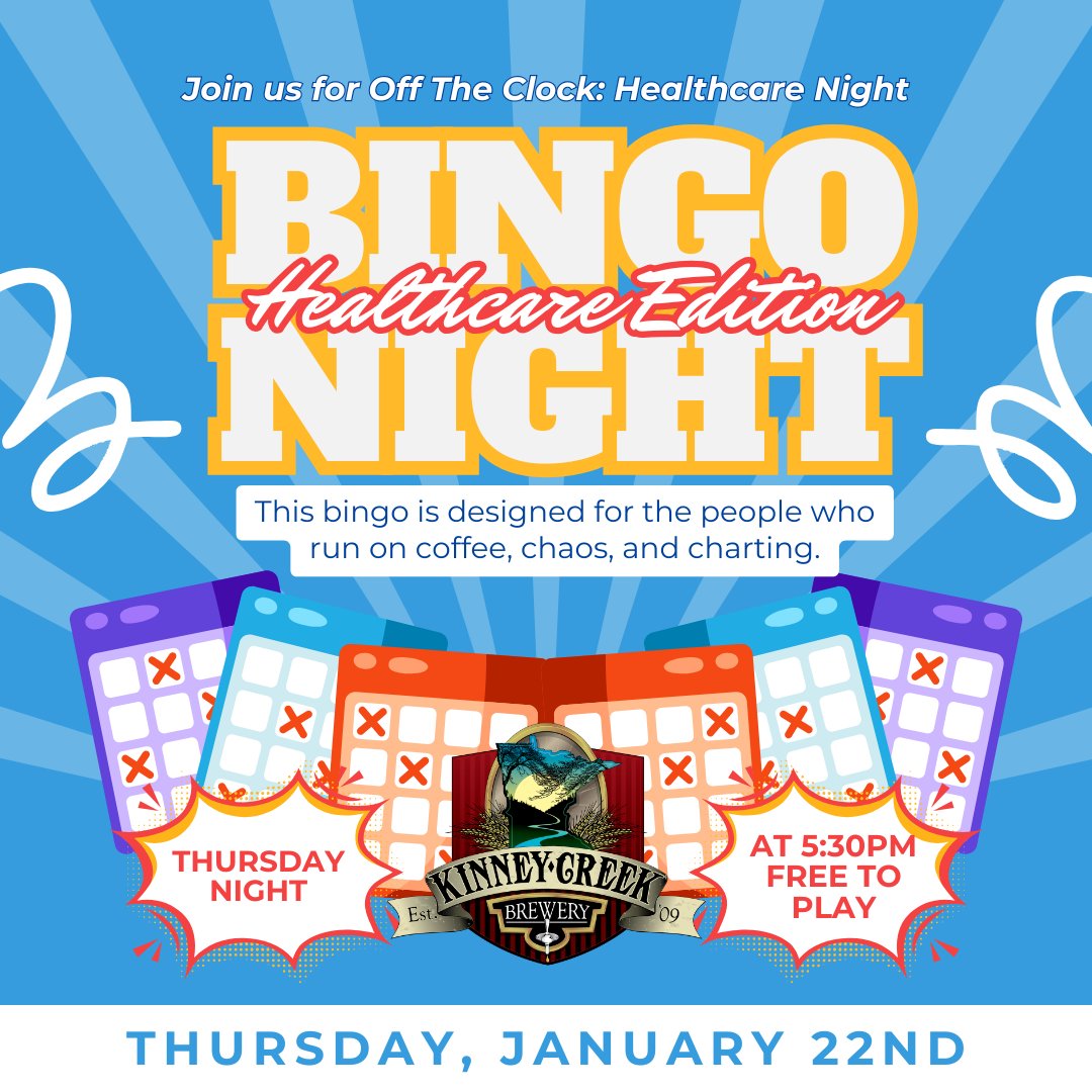 Healthcare Bingo starts tomorrow at 5:30pm!
If you know what “EPIC is down,” “Code Brown,” or “I’m a hard stick” mean… this bingo is for you.

Off The Clock: Healthcare Night kicks off with laughs, drinks, and a well-earned break after the shift. See you there. 🍺
