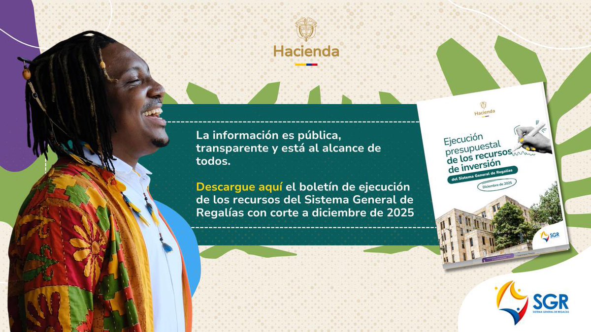 📣 El Ministerio de Hacienda y Crédito Público pone a disposición de la ciudadanía la ejecución presupuestal de los recursos de inversión del Sistema General de #Regalías a diciembre de 2025.

minhacienda.gov.co/documents/d/po…