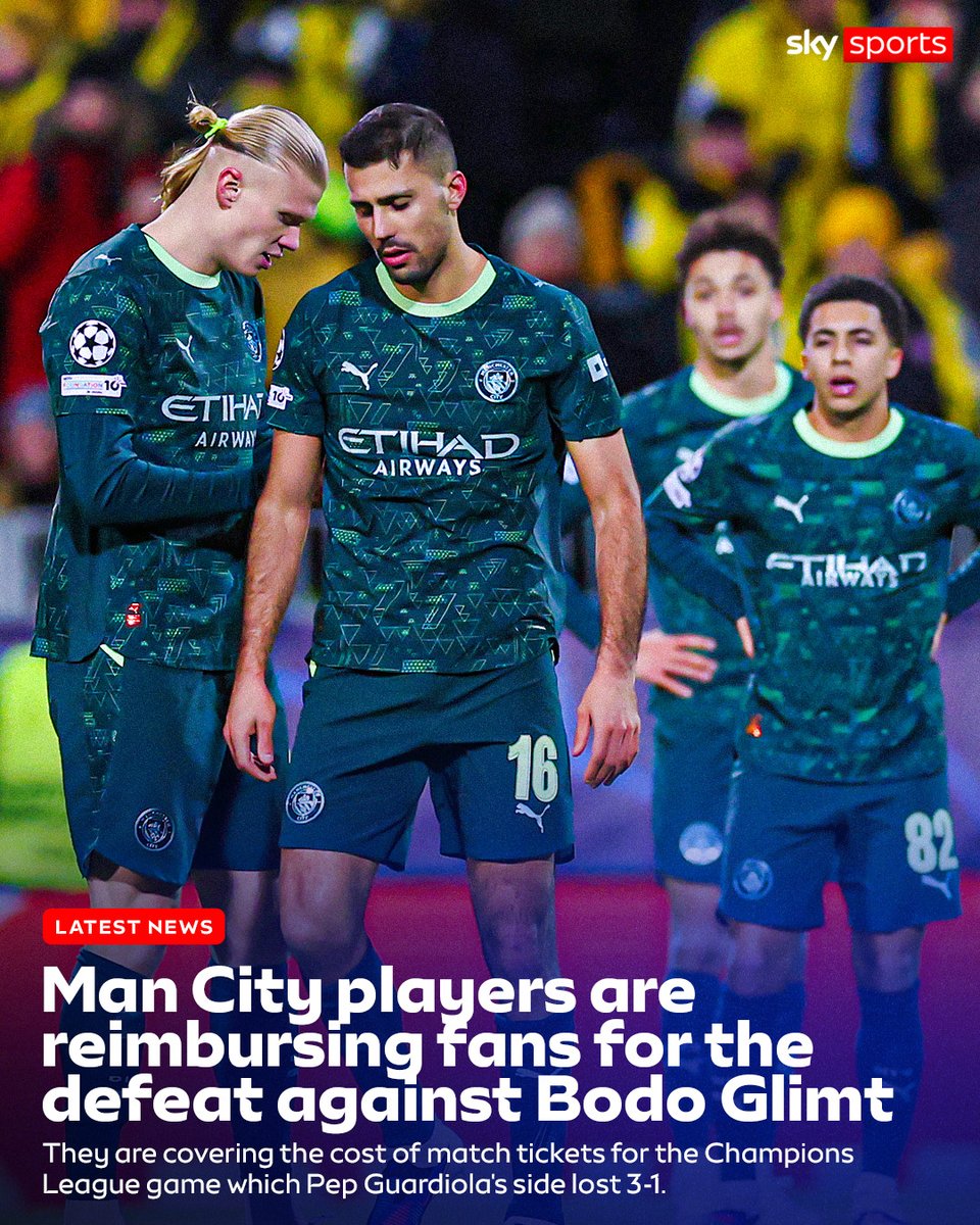 SkyFootball's tweet image. Manchester City players will refund travelling fans' match tickets for the defeat to Bodø/Glimt 🎟️