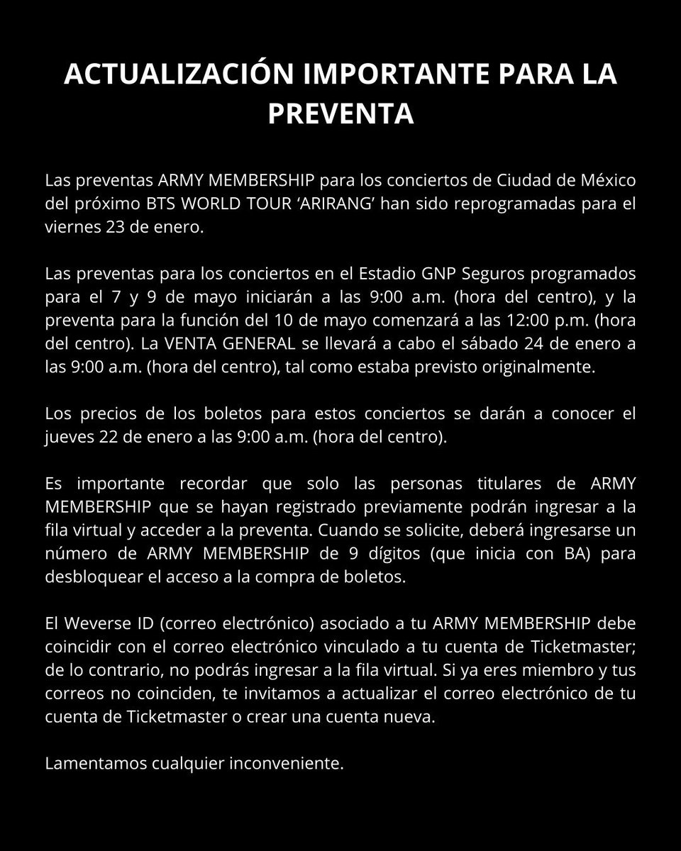 ocesa_kpop's tweet image. BTS WORLD TOUR ‘ARIRANG' IN MEXICO CITY: ACTUALIZACIÓN IMPORTANTE SOBRE LA PREVENTA // IMPORTANT PRESALE UPDATE.