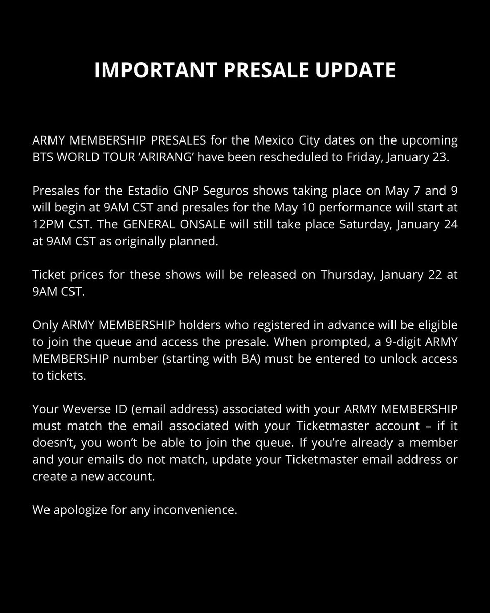ocesa_kpop's tweet image. BTS WORLD TOUR ‘ARIRANG' IN MEXICO CITY: ACTUALIZACIÓN IMPORTANTE SOBRE LA PREVENTA // IMPORTANT PRESALE UPDATE.