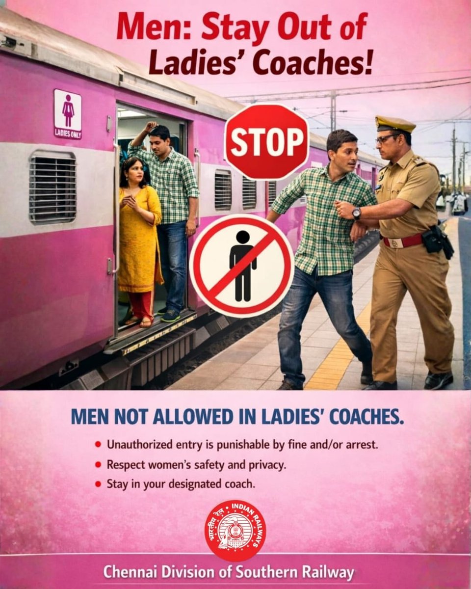 DrmChennai's tweet image. Men are not permitted in Ladies’ Coaches.
Unauthorized entry is a punishable offence.

Let’s ensure a safe, respectful, and comfortable journey for women passengers.

#PassengerSafety #WomenSafety #IndianRailways #SouthernRailway