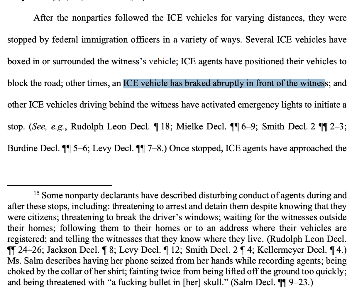 David_J_Bier's tweet image. Another judge describes how ICE intentionally brake checks ICE observers trying to cause accidents. If the observers can't stop in time, it can then label them "domestic terrorists" who "weaponized their vehicles," which is of course justification for killing them.