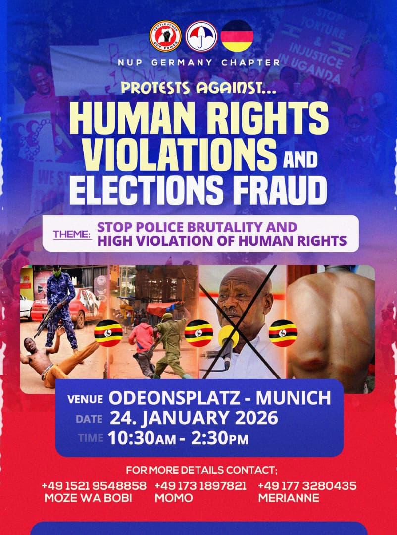 📣 Stand with Uganda 🇺🇬 — Join the Protest for Human Rights &amp; Fair Elections in Munich!
This Saturday 24 January, we are coming together at Odeonsplatz (10:30 AM–2:30 PM) to support peaceful protests against human rights violations and election fraud happening in Uganda. 📍