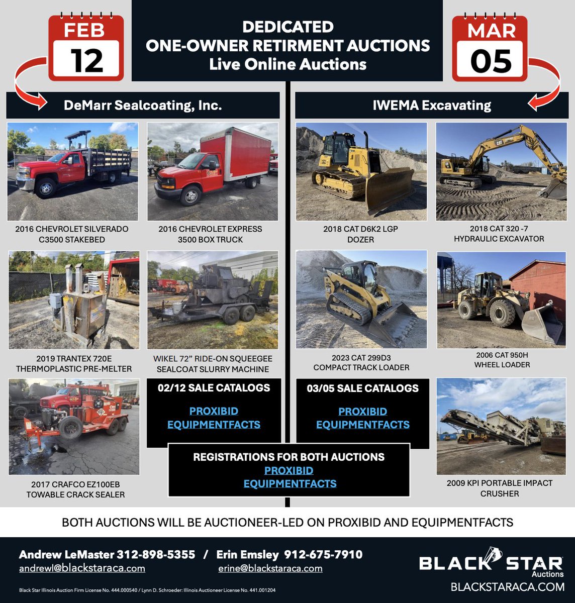 🚨 Upcoming Retirement Auctions — Everything Sells!
Feb 12: DeMarr Sealcoating | Paving &amp; sealcoating equipment
Mar 5: IWEMA Excavating | Heavy equipment &amp; trucks
📍 Greater Chicago Area
View full catalogs and register to bid:
blackstaracaone.com/hs-live.../eve…