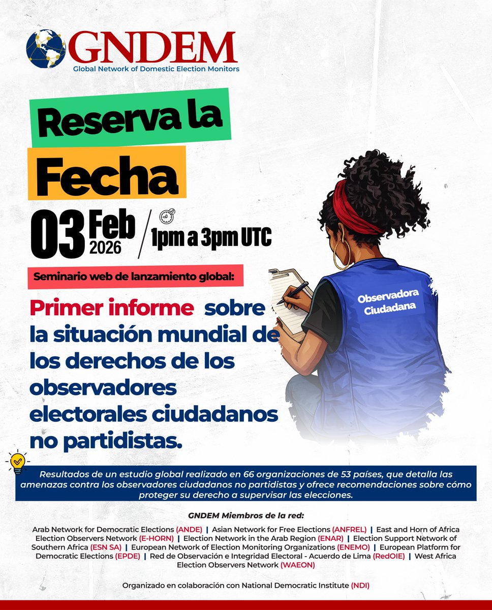 Dia 03/02 (13h UTC), <a href="/gndemexchanges/">GNDEM Exchanges</a> lança o 1º Relatório Global sobre os Direitos dos Observadores Eleitorais Cidadãos.

Será um momento crucial para debater dados de 2024 e exigir justiça pela detenção ilegal de <a href="/SarahBireete/">Dr. Bireete Sarah</a>, Pres. da organização.

Mais informações em breve!
