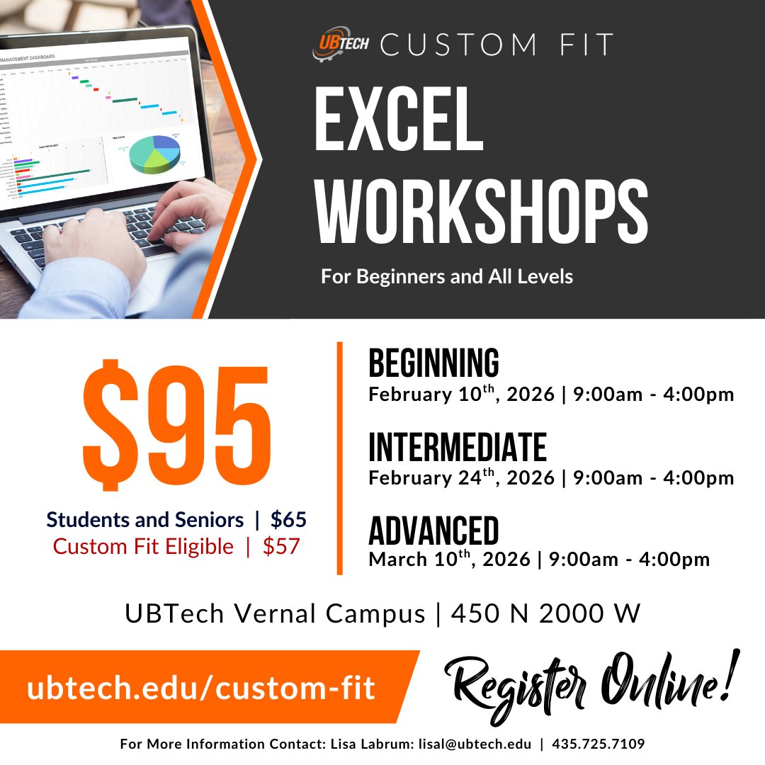 UBTechTitans's tweet image. Looking for new skills to help you excel in your career? 
#UBTech Custom Fit is offering Microsoft Excel workshops in February and March ⚙️⬆️
loom.ly/hd9L15M
#Utah #TheBasin #Trades #Health #Energy #Service #Community