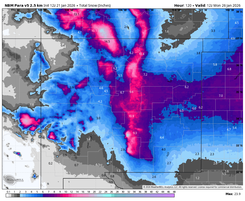 JustinCwx's tweet photo. Winter/travel impacts begin across NM from SW-NE Fri/Fri night, likely peaking Sat/Sat night, &amp; then wane Sun. Below are NBM v5 &amp; 6Z ECMWF/GFS snowfall (10:1 ratio) thru 5am Mon. Snow ratios will largely be ≥ 10:1. Specific details become clearer over the next 48 hours #NMwx https://t.co/ntoPAGSpnS