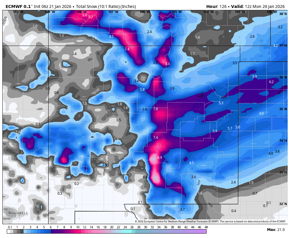 JustinCwx's tweet photo. Winter/travel impacts begin across NM from SW-NE Fri/Fri night, likely peaking Sat/Sat night, &amp; then wane Sun. Below are NBM v5 &amp; 6Z ECMWF/GFS snowfall (10:1 ratio) thru 5am Mon. Snow ratios will largely be ≥ 10:1. Specific details become clearer over the next 48 hours #NMwx https://t.co/ntoPAGSpnS