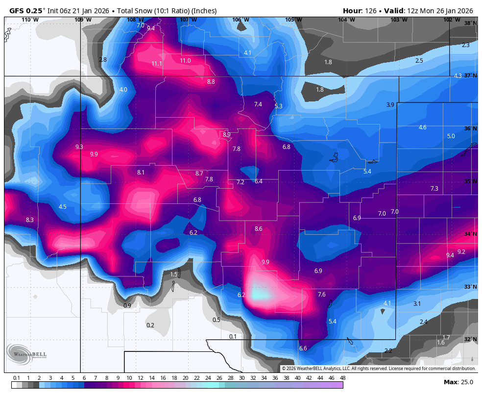 JustinCwx's tweet photo. Winter/travel impacts begin across NM from SW-NE Fri/Fri night, likely peaking Sat/Sat night, &amp; then wane Sun. Below are NBM v5 &amp; 6Z ECMWF/GFS snowfall (10:1 ratio) thru 5am Mon. Snow ratios will largely be ≥ 10:1. Specific details become clearer over the next 48 hours #NMwx https://t.co/ntoPAGSpnS