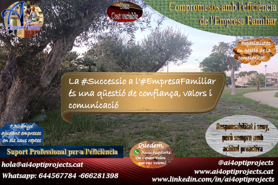 ai4_empfam's tweet photo. No es tracta només de fulls de càlcul o plans patrimonials. 
La #Successio a l'#EmpresaFamiliar és una qüestió de confiança, valors i comunicació, així com de donar veu a la propera generació abans d'heretar la responsabilitat.
#ProtocolFamiliar
#SolucionsAi4 #GestioEficient https://t.co/wzM5xwV8le