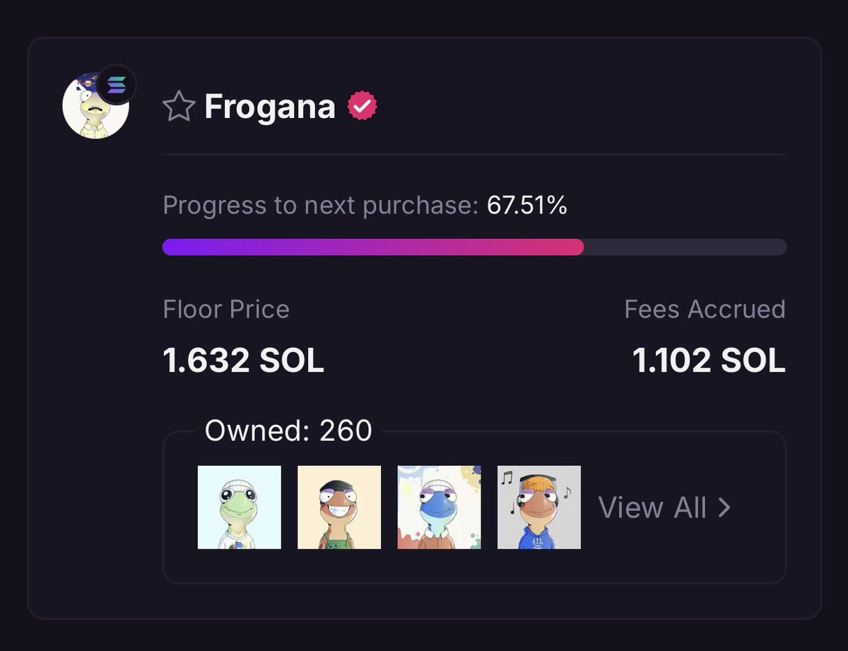 260 🐸 

Floor price now 1.6 SOL. 

Almost 5% locked in the GoE.

The squeeze on <a href="/FroganaHQ/">Frogana</a> is real.