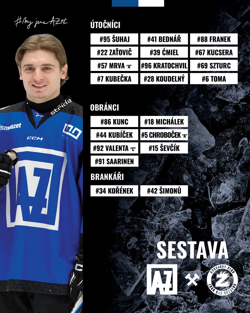 ⚒ Do dnešního utkání vyjedeme od 17:30 v této sestavě. Do branky se po nemoci vrací Michal Kořének, na křídlech čtvrté formace pak naskočí junioři Nikolas Kubečka a Jakub Toma. ⚫🔵⚪

📰 Předzápasové preview: cutt.ly/atzuh7TQ
🎟️ Prodej vstupenek: cutt.ly/PRODEJ-VSTUPEN…