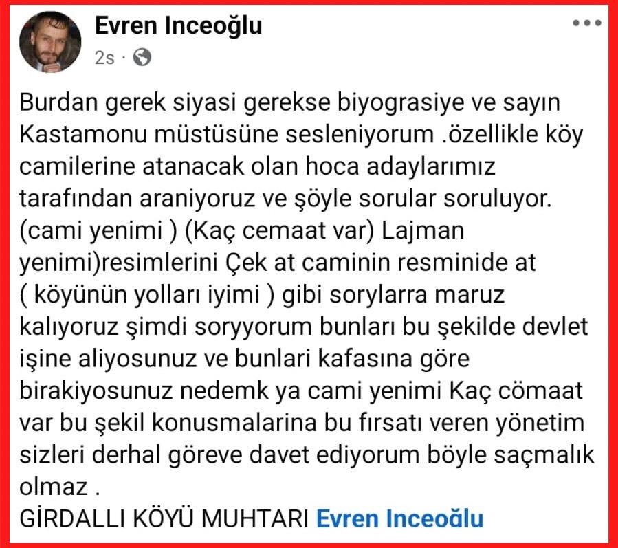 🔴 BAK ŞU HADSİZ MUHTARA!

Görev yapacakları yer hakkında bilgi almak isteyen din görevlilerini hedef alan bu açıklama, baştan sona densizliktir. Caminin durumu nedir, cemaat kaç kişidir, lojman var mı, köyün ya da mahallenin otobüsü var mı, yolu nasıl, ulaşım mümkün mü gibi