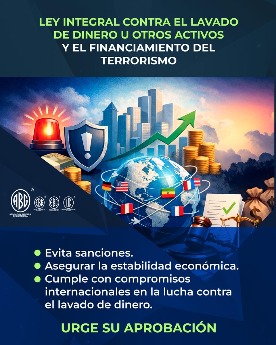 La LEY CONTRA EL LAVADO DE DINERO protege la estabilidad económica y cumple compromisos internacionales.
Urge su aprobación.

#LeyContraElLavadoDeDinero #GuatemalaTransparente #UrgenciaNacional