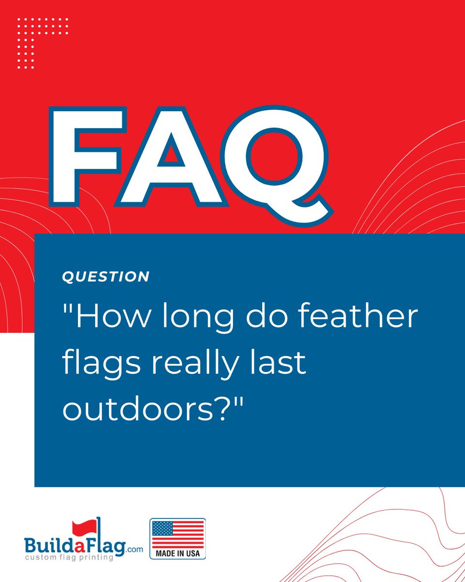 BuildAFlag's tweet image. FAQ: "How long do feather flags really last outdoors?" 

Our American-made flags last 6-12 months of constant outdoor use before showing wear, thanks to superior fabrics and UV-resistant inks. 
Shop our longest-lasting feather flags: 1l.ink/HVF6TX7