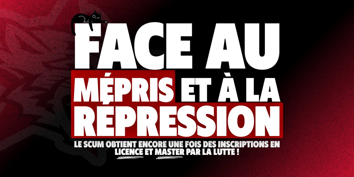 Face au mépris et à la répression, le SCUM obtient encore des inscriptions en Licence et Master par la lutte !

Grâce à la mobilisation du SCUM, 29 étudiants ont pu s'inscrire malgré la sélection sociale. Nous ne lâcherons rien les années à venir.🔥

combatuniversitaire.wordpress.com/2026/01/21/fac…