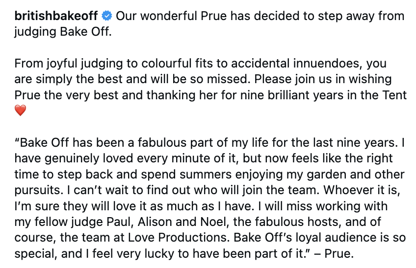 RyanJL's tweet image. Prue Leith has quit The Great British Bake Off. She says she "can’t wait to find out who" will take her place alongside Paul Hollywood #GBBO