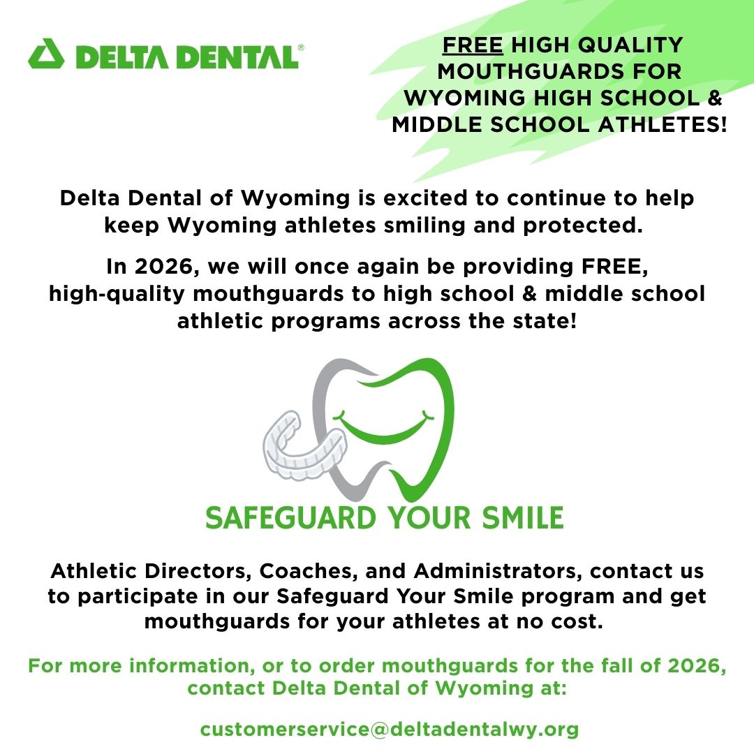 WHSAA_307's tweet photo. Don’t forget to order your FREE mouthguards courtesy of @DeltaDentalWY.  Order now for fall 2026 sports season. https://t.co/yNiAvzIUr8