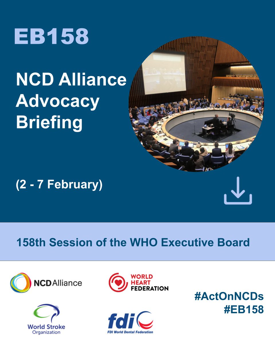 ncdalliance's tweet image. 📢Fresh off the press! NCD Alliance releases an advocacy brief for #EB158.

We comment on NCD-related agenda items, such as #UHC, global health architecture reform, and many others.

You can download the brief here, and let's urge Member States to #ActOnNCDs together
