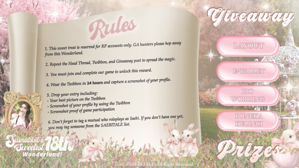 SAEBITALE's tweet image. ㅤ
Ი︵𐑼 Bounce into 𝗧𝗵𝗲 𝗚𝗼𝗹𝗱𝗲𝗻 𝗖𝗵𝗲𝘀𝘁 land! Run after the happy bunny, taste a splash of magic, and spin through glittering dreams. Hop along and let the surprises bloom! 🐰🗝️
ㅤ