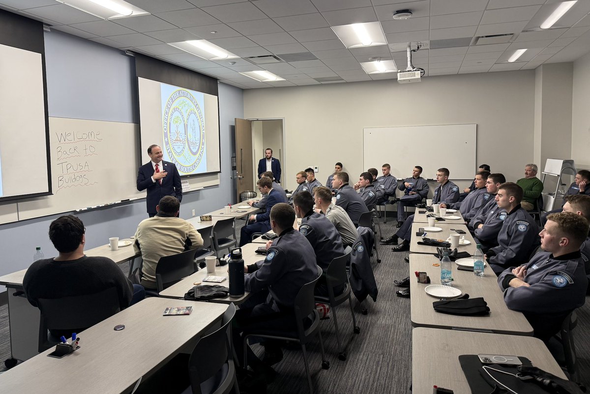 AGAlanWilson's tweet photo. Last night I enjoyed a great conversation with the @TPUSA students at The @Citadel1842 about protecting freedom of speech on South Carolina college campuses. As Attorney General, I have fought to make sure our universities remain places where ideas can be debated openly without fear of censorship or retaliation. As Governor, I will continue that fight and make certain our campuses respect the Constitution and the rights of every student. President Trump reminded this nation that free speech is the foundation of a free society, and I am proud to stand with the next generation of leaders who are committed to defending it.
