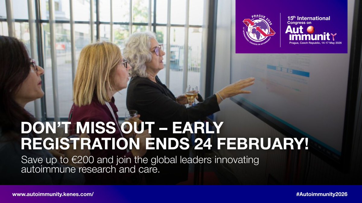 autoimmunitymd's tweet image. Don’t wait - early registration for #Autoimmunity2026 closes 24 February 2026!

Save up to €200 and join global experts tackling autoimmune disease - from emerging therapies to real-world clinical practice.

🎟️ Register now: bit.ly/49yOyUY

#AutoimmuneResearch