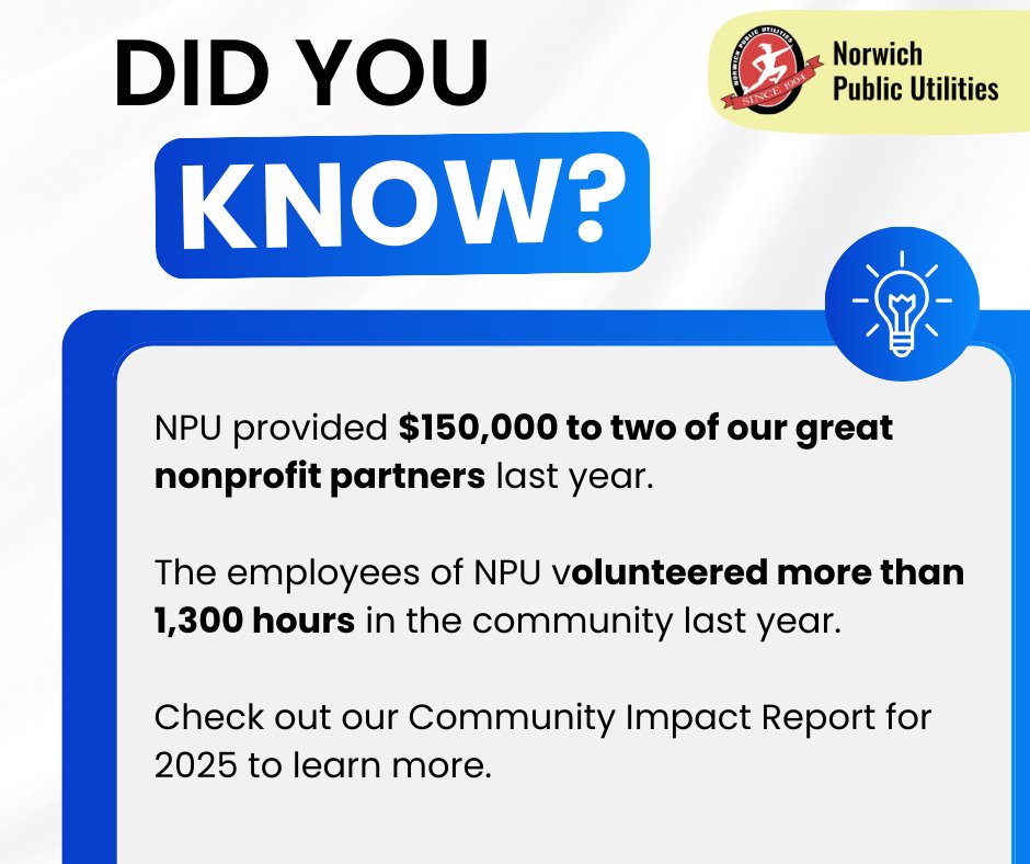 Did you know that NPU provided $150,000 to two of our great nonprofit partners last year?

Did you know that the employees of NPU volunteered more than 1,300 hours in the community last year? 

Check out our Community Impact Report to learn more: norwichpublicutilities.com/m/newsflash/ho…