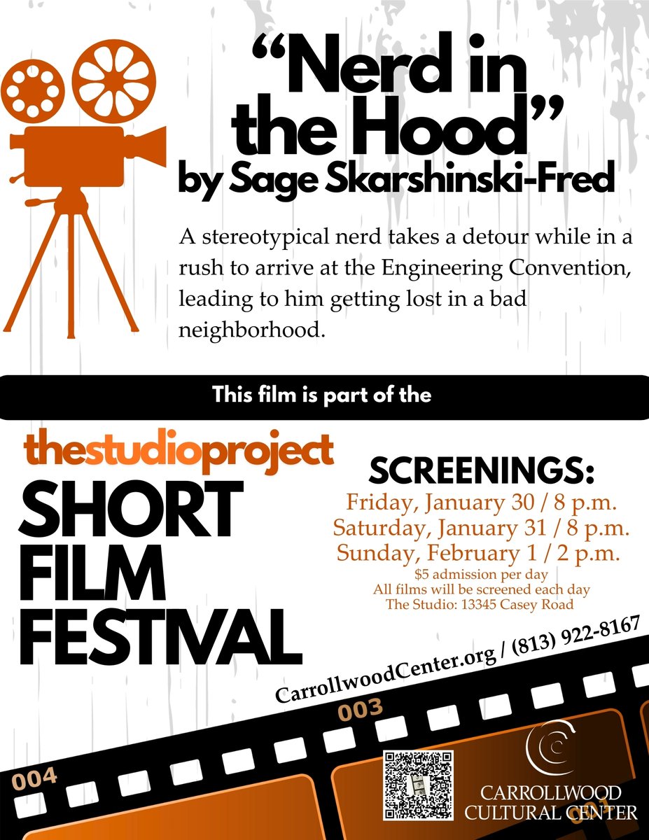 Tampa Bay filmmakers telling their stories through their lens! The Carrollwood Cultural Center is pleased to invite audiences to its first annual The Studio Project Short Film Festival, featuring films by local Tampa Bay-area residents on January 30-February 1.