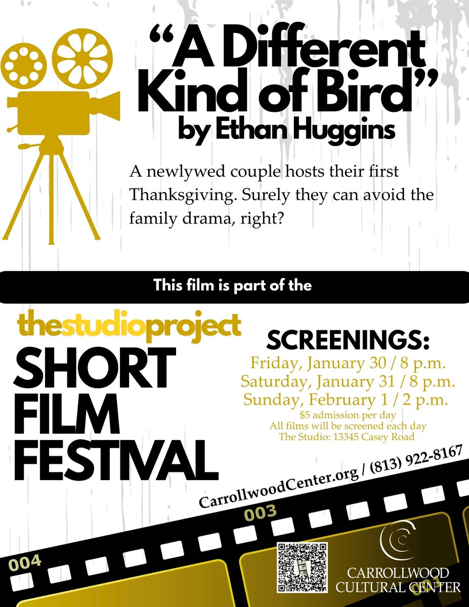 Tampa Bay filmmakers telling their stories through their lens! The Carrollwood Cultural Center is pleased to invite audiences to its first annual The Studio Project Short Film Festival, featuring films by local Tampa Bay-area residents on January 30-February 1.