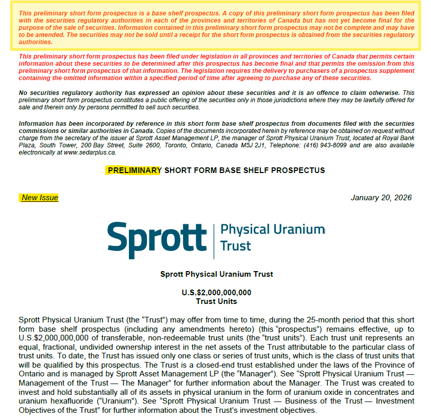 quakes99's tweet photo. Breaking!💥 Sprott Physical #Uranium Trust have filed a new US$2.0 Billion Preliminary Base Shelf Prospectus for raising cash &amp; stacking up to 9 Million lbs per calendar year over next 25 months.💰 Watch for news release, Final version &amp; new ATM agreement in next few days🏧💵🤠🐂 https://t.co/YrLCdgLUle