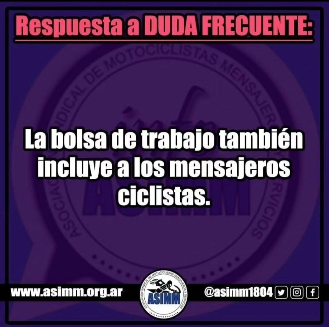 BOLSA DE TRABAJO

ASiMM cuenta con una “Bolsa de trabajo” para trabajadores motociclistas y ciclistas. Los interesados en anotarse en la misma deben enviar un correo electrónico a bolsadetrabajo@asimm.org.ar