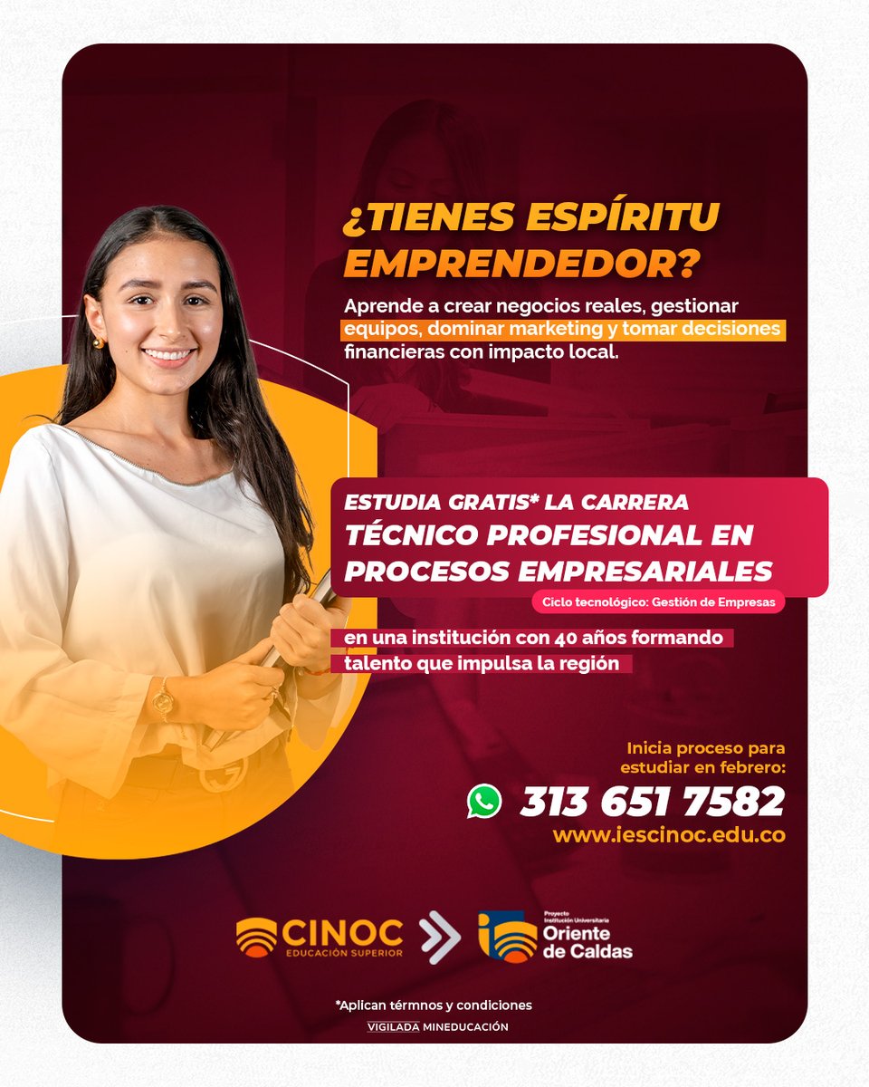 🚀 Emprender también es una forma de transformar la región.

📆 Inicia tu proceso de inscripción aquí: iescinoc.edu.co/admisiones/
📲 WhatsApp: wa.me/3136517582
🌐 iescinoc.edu.co/tecnicaempresa…

*Aplican términos y condiciones.