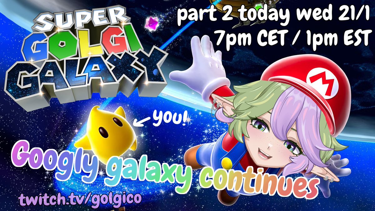 Had a blast last time, super excited to continue Super Mario Galaxy today (´꒳`)･ﾟ’☆ twitch.tv/golgico
#Vtuber #stream #supermario #supermariogalaxy