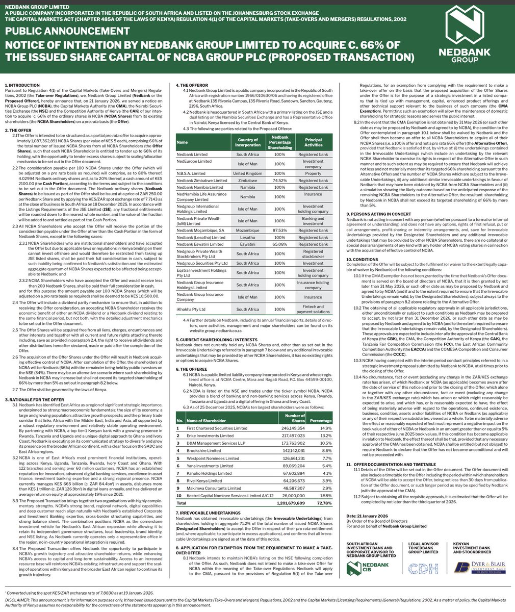 South Africa's Nedbank Group has also formally confirmed the transaction in its own public announcement, disclosing the following key details:

—Nedbank has issued a Notice of Intention to acquire ~66% of the issued share capital of NCBA Group through a tender offer to existing