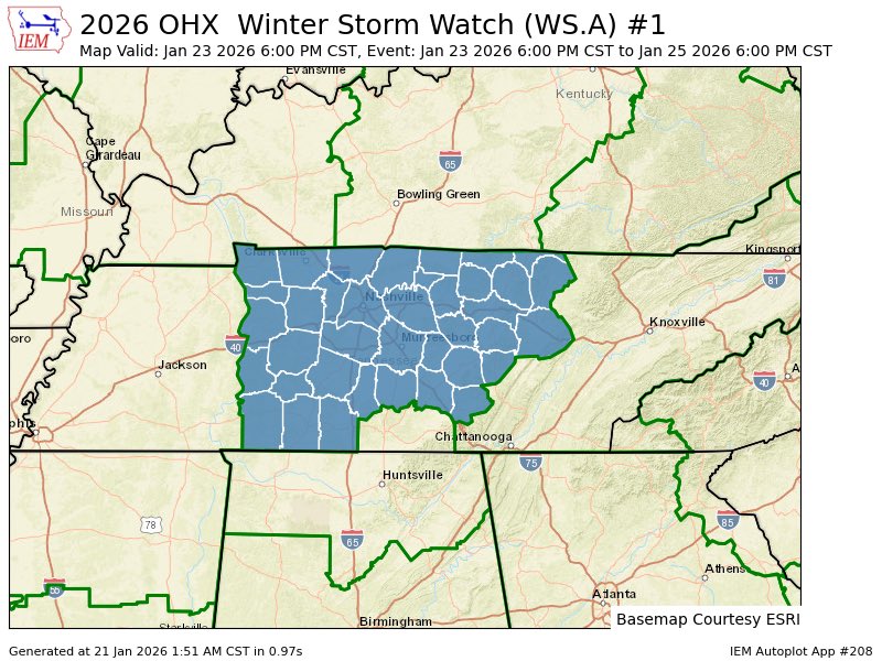w4qlc's tweet photo. A Winter Storm Watch has been issued for all of Middle Tennessee valid at January 23 6PM CST till January 25 6PM CST #tnwx https://t.co/ZnjDI7qz9c