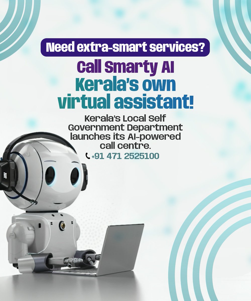 CPIMKerala's tweet photo. Kerala’s Local Self Government Department launches _Smarty_ , an AI virtual assistant offering 24×7 citizen support. As part of the #KSMART initiative, _Smarty_ provides two services: 3D Avatar Talk Bot and AI Calling Solution.
Call: +91 471 2525100
#LSGD #Kerala #AI #Transparency