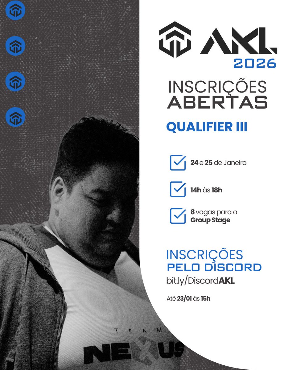 Não se esqueçam: as inscrições já estão abertas para a Qualifier III da temporada 2026 neste final de semana. É a terceira e última chance de carimbar sua vaga na fase de grupos.

📅 24 e 25/01/2026
⏰ 14h–18h
🎯 8 vagas para a próxima fase
💰 R$ 5.000 de premiação no Stage I