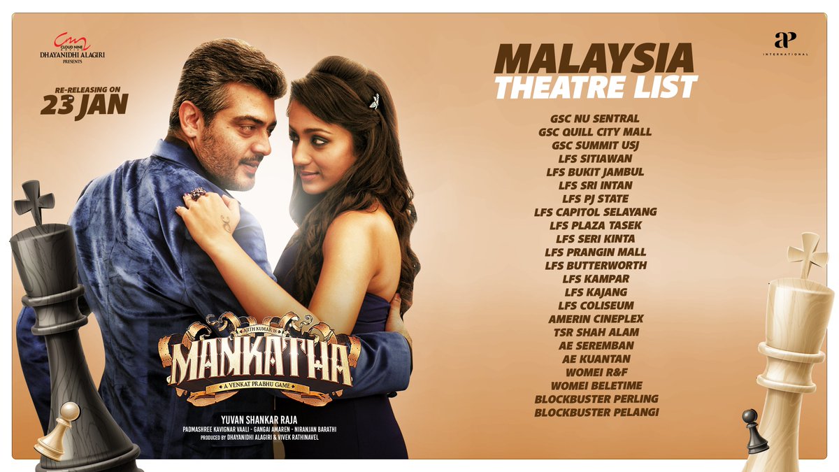 APIfilms's tweet photo. Witness this heroic villain #Mankatha in theatres from this January 23rd💣💥❤‍🔥
Check out the Malaysia theatre list here!

#AjithKumar @vp_offl @thisisysr @akarjunofficial @trishtrashers @actor_vaibhav @Premgiamaren @AshwinKakumanu @MahatOfficial @andrea_jeremiah @iamlakshmirai @yoursanjali @aravindaakash @SureshChandraa @dmycreationoffl   #MankathaFromJan23