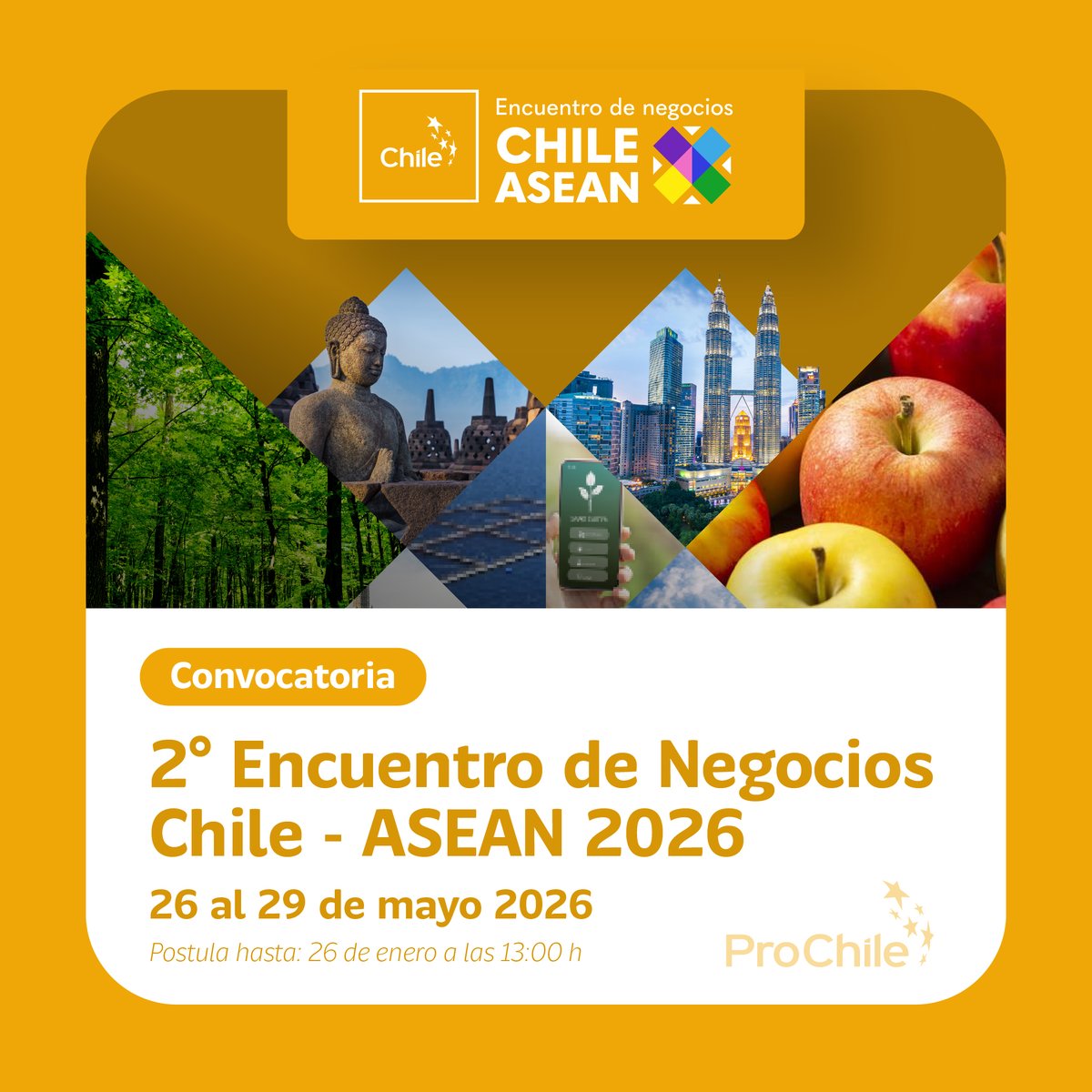 ProChile's tweet image. 📢Invitamos a todas las empresas exportadoras chilenas a postular al 2° Encuentro de Negocios Chile–ASEAN 2026 ✈️

🗺️ El Encuentro contará con importadores y compradores de: Tailandia, Indonesia, Vietnam, Singapur, Malasia y Filipinas.

Toda la info acá 📲 bit.ly/4sGzfCn