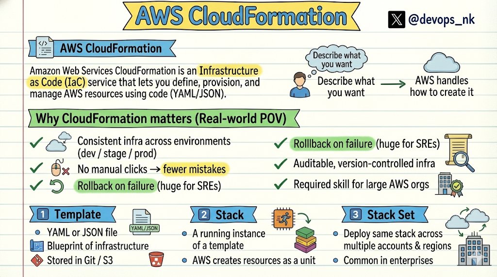devops_nk's tweet image. AWS Simplified – Day 8: AWS CloudFormation (IAC)

Save this for quick revision &amp;amp; follow for more 👇

👉 AWS CloudFormation (IAC):
- AWS CloudFormation is an Infrastructure as Code (IaC) service that lets you define, provision, and manage AWS resources using code (YAML/JSON).
-…