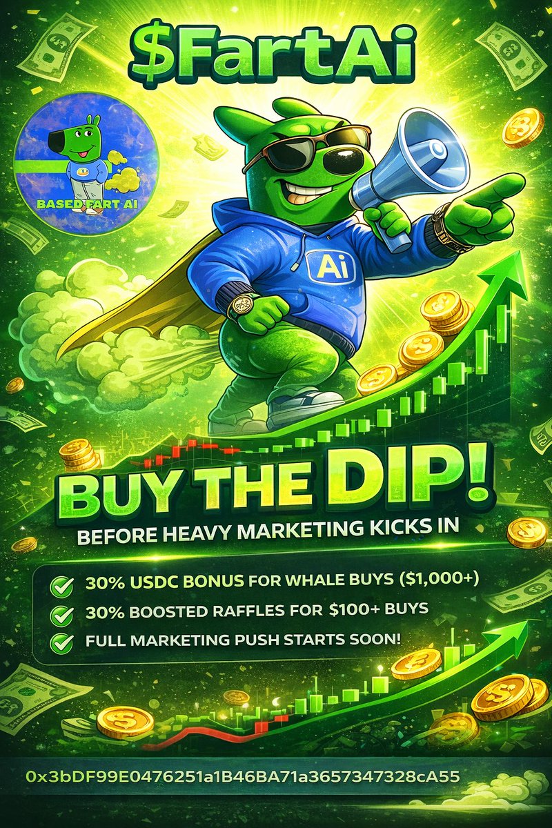 <a href="/JamesWynnReal/">James Wynn</a> $FartAi — AI Agent protocol on Base quietly generating USDC value.

Launched under $30k MC, and pulled up 7×+ organically, sitting at 3x now.
Doxxed dev. Real system. Early entry.

CA: 0x3bDf99E0476251aA1B46BA7d1A0365743328cA55

TG: t.me/BasedFartAi