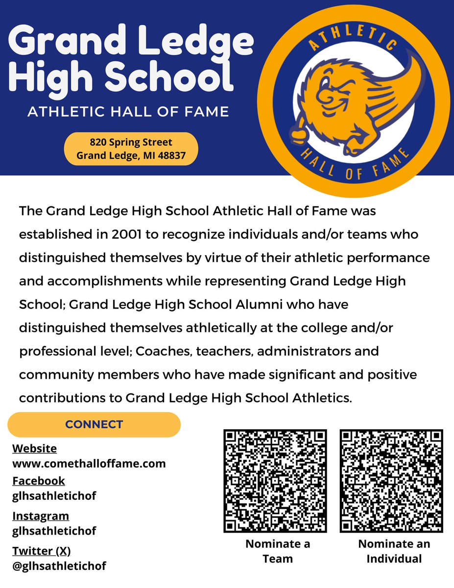glhsathletichof's tweet image. The Grand Ledge Athletic Hall of Fame is excited to announce the Class of 2026! The official class will be announced on Tuesday, Feb 17, 2026, at halftime of the boys’ Varsity Basketball game. We will share information on all new members the weeks following the announcement!